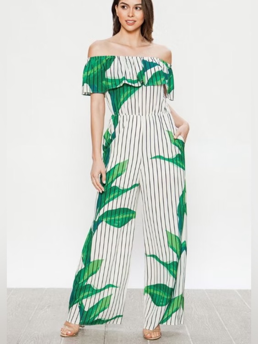 EUC jealous tomato Off-Shoulder Green Leaf Stripe Wide-Leg Jumpsuit size small